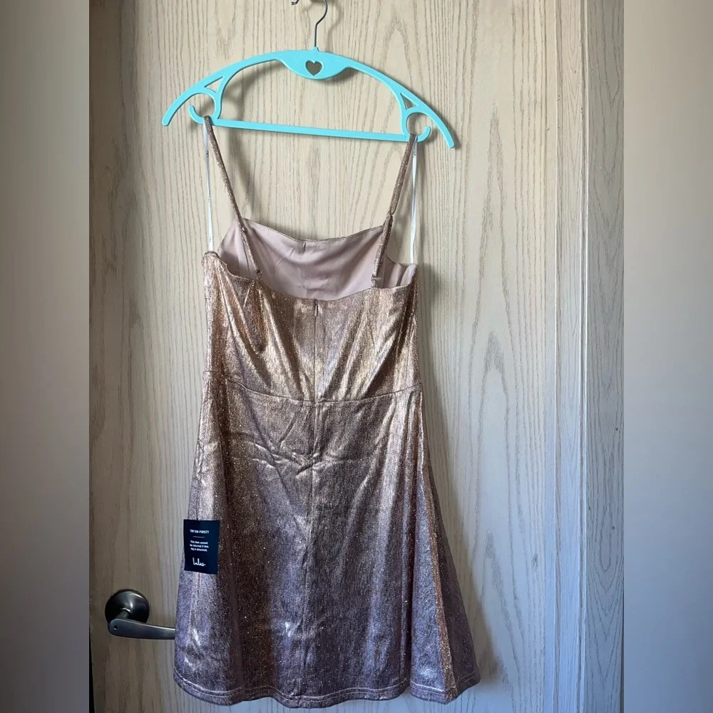 LULU’S- Gorgeously Glowing Shiny Rose Gold Mini Skater Dress - NWT - Picture 7 of 15